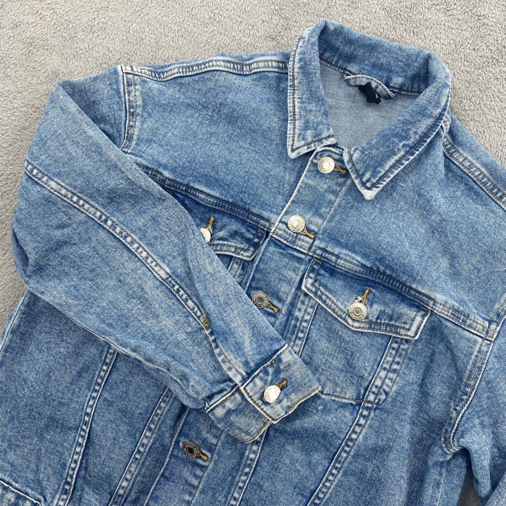 H&M &Denim Trucker Jacket Kids Size 14 Blue Medium Wash Cotton Blend Stretch